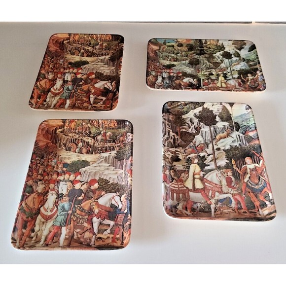 Vtg Melamine 4 Snack Trays Medieval Renaissance Florence Italy Designs 4" x 6" - Picture 1 of 8